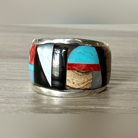 Vintage Handmade Zuni Multi Stone Inlay Wide Band Ring, Size 7 - Picture 2 of 11